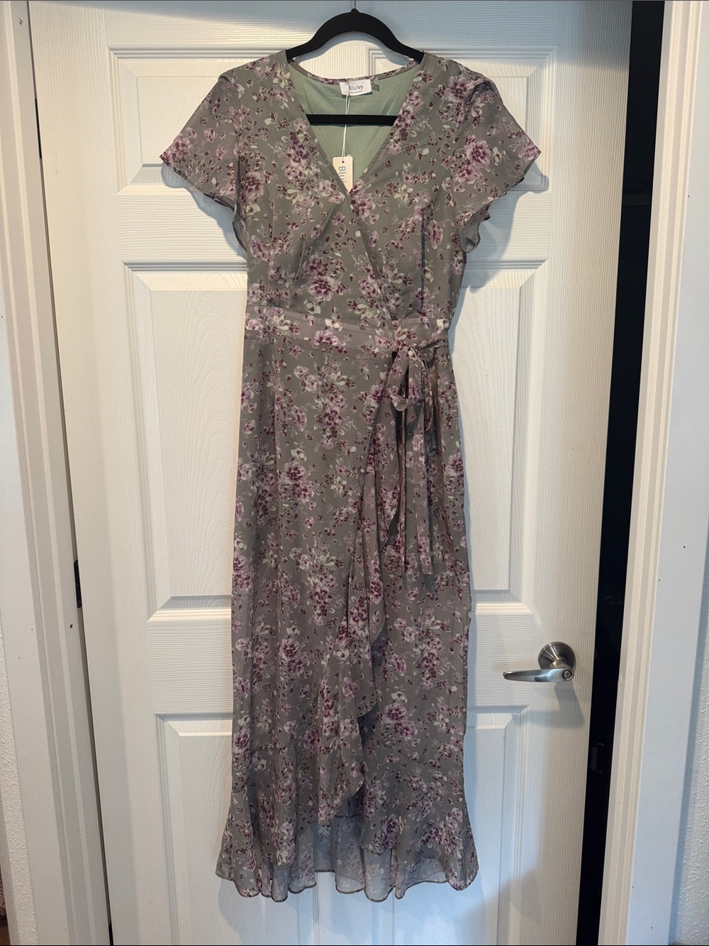 Bluivy Sage Floral High-Low Wrap Dress with Pink Blooms